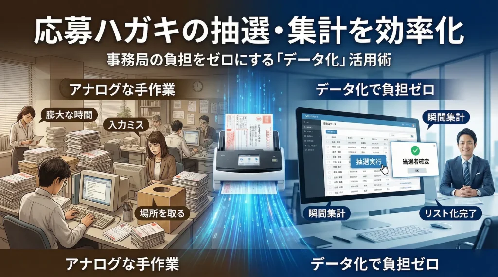 応募ハガキの抽選・集計業務を効率化する「データ化」活用術のメインビジュアル。左側は大量のハガキに埋もれるアナログな手作業の様子(Before)、右側はスキャナーでデータ化され、PC上で瞬間集計・公平な抽選が完了している効率的な様子(After)を対比。事務局の負担がゼロになる様子を表現。