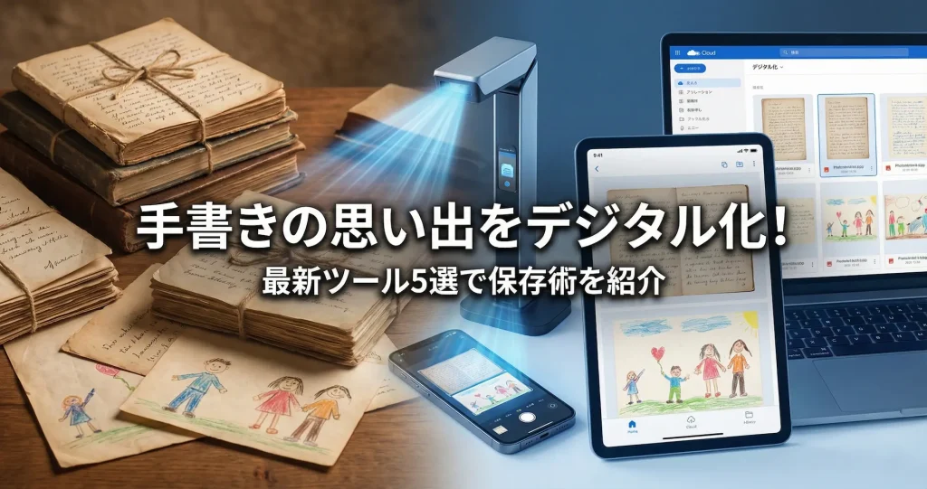 手書きの思い出をデジタル化して保存する最新ツールと活用術。古い手紙、日記、子供の描いた絵などが、スキャナーやアプリによって鮮明なデジタルデータとして生まれ変わり、半永久的に保存されるイメージ。