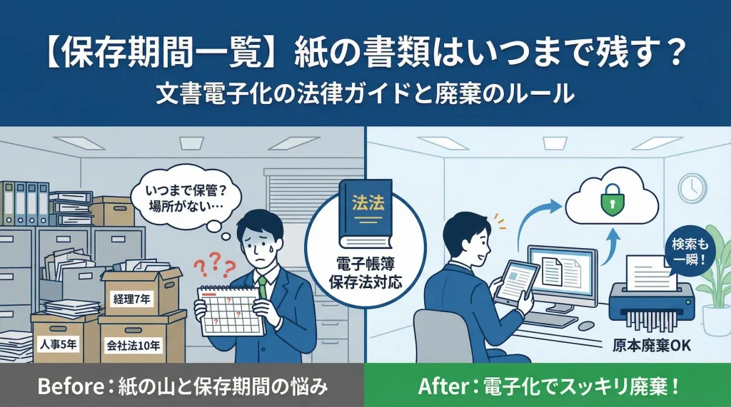 書類の法定保存期間(7年・10年)と廃棄ルールを示すガイド図。経理書類、人事書類、契約書ごとの保管期限をタイムラインで整理し、電子化(スキャン)によるペーパーレス化と原本廃棄のサイクルを表現したメインビジュアル。