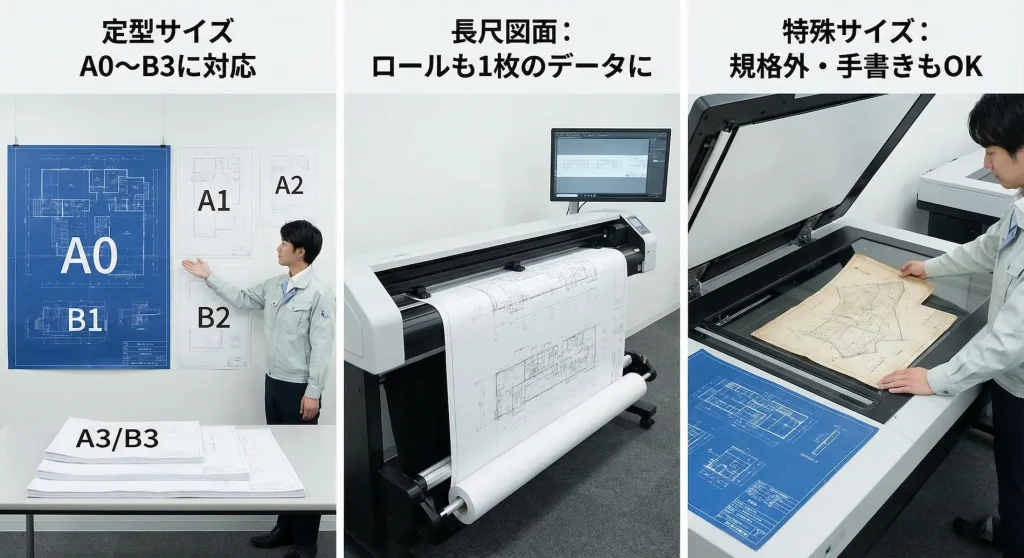 図面スキャン代行の対応サイズ説明。左から「A0〜B3の定型サイズ比較」、「ロール状の長尺図面スキャン」、「規格外・手書きの特殊サイズスキャン」の作業風景。あらゆる種類の図面に対応可能なスペックを示しています。
