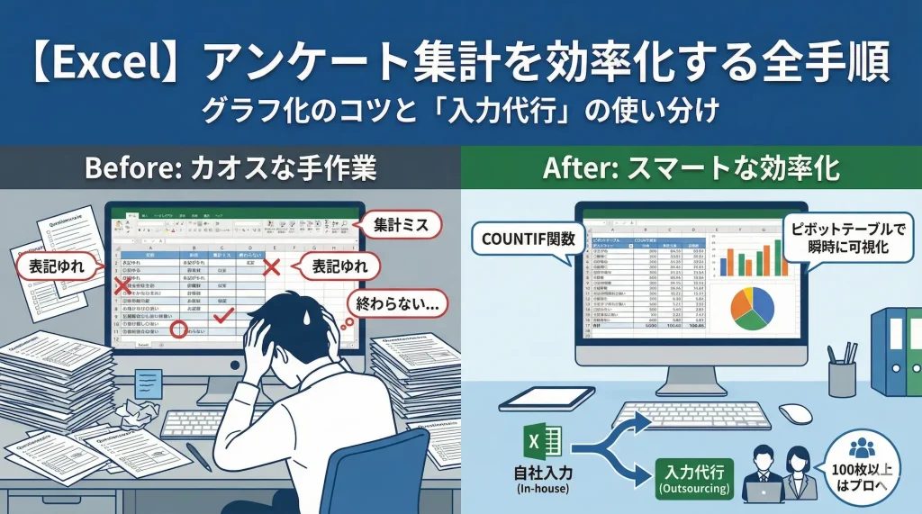 Excelでのアンケート集計を効率化する全手順とグラフ化のコツ。ピボットテーブルやCOUNTIF関数を使ったデータ整理のイメージ画面に加え、自社入力とアウトソーシングの使い分けポイントを表現したメインビジュアル。