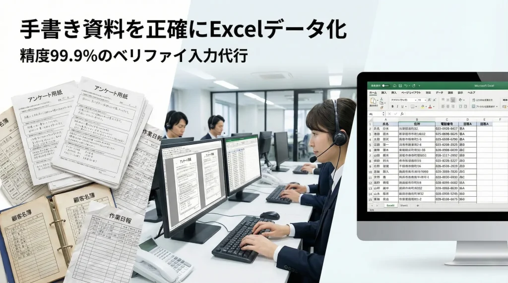 手書き資料やアンケート用紙を正確にExcelデータ化する代行サービスのイメージ図。大量の紙帳票(左)を熟練オペレーターが入力し(中央)、整理されたデジタルデータとして納品される(右)様子。