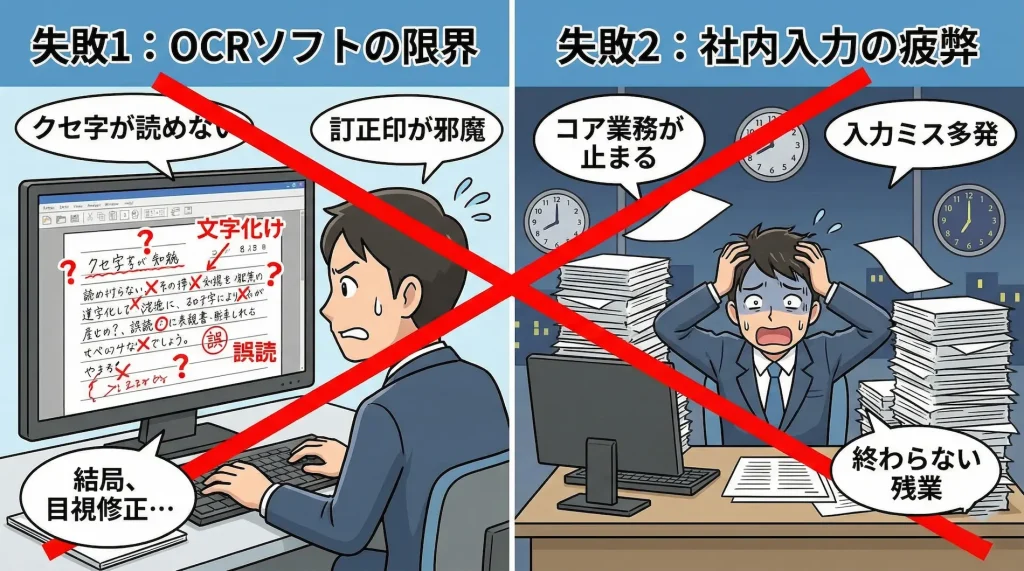 失敗1:OCRソフトの限界(手書きのクセ字や訂正印が読めず、文字化けや誤読が発生し、結局目視修正が必要になる様子)。失敗2:社内入力の疲弊(大量の書類に囲まれ、残業が続き、入力ミスが多発してコア業務が止まってしまう社員の様子)。
