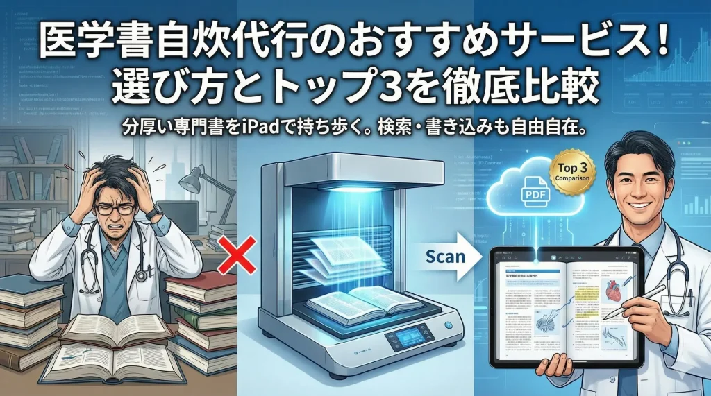 医学書自炊代行のおすすめサービス比較と選び方。分厚く重い医学専門書を高品質に電子化(自炊)するための業者選定ポイントと、トップ3社を徹底比較したランキング形式のメインビジュアル。