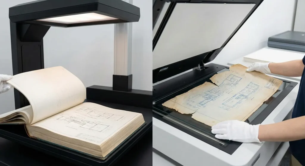 製本図面を解体せずスキャンする非破壊スキャナー(左)と、劣化した古い青焼き図面を慎重に扱うフラットベッドスキャン作業(右)