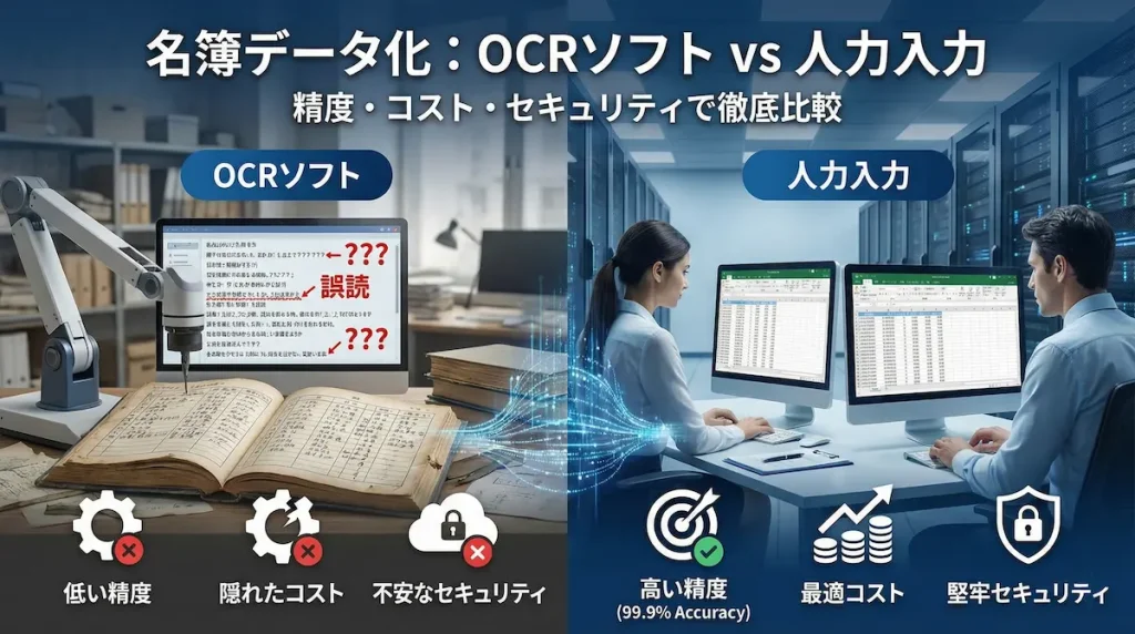 名簿データ化における「OCRソフト」と「人力入力」の比較イメージ。左側のAI/OCRによる自動認識と、右側の熟練オペレーターによる正確な手動入力を対比させ、精度・コスト・セキュリティの違いを表現したメインビジュアル。