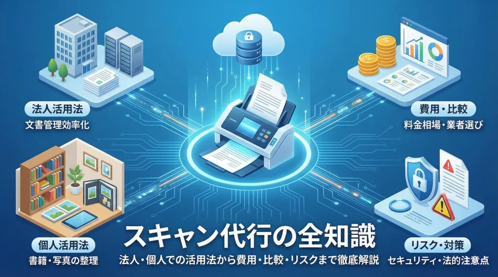スキャン代行の全知識を網羅した完全ガイドのメインビジュアル。費用相場、業者比較のポイント、セキュリティリスク、法人・個人の活用事例を視覚的に整理し、導入検討に必要な情報がすべて詰まっていることを示すデザイン。